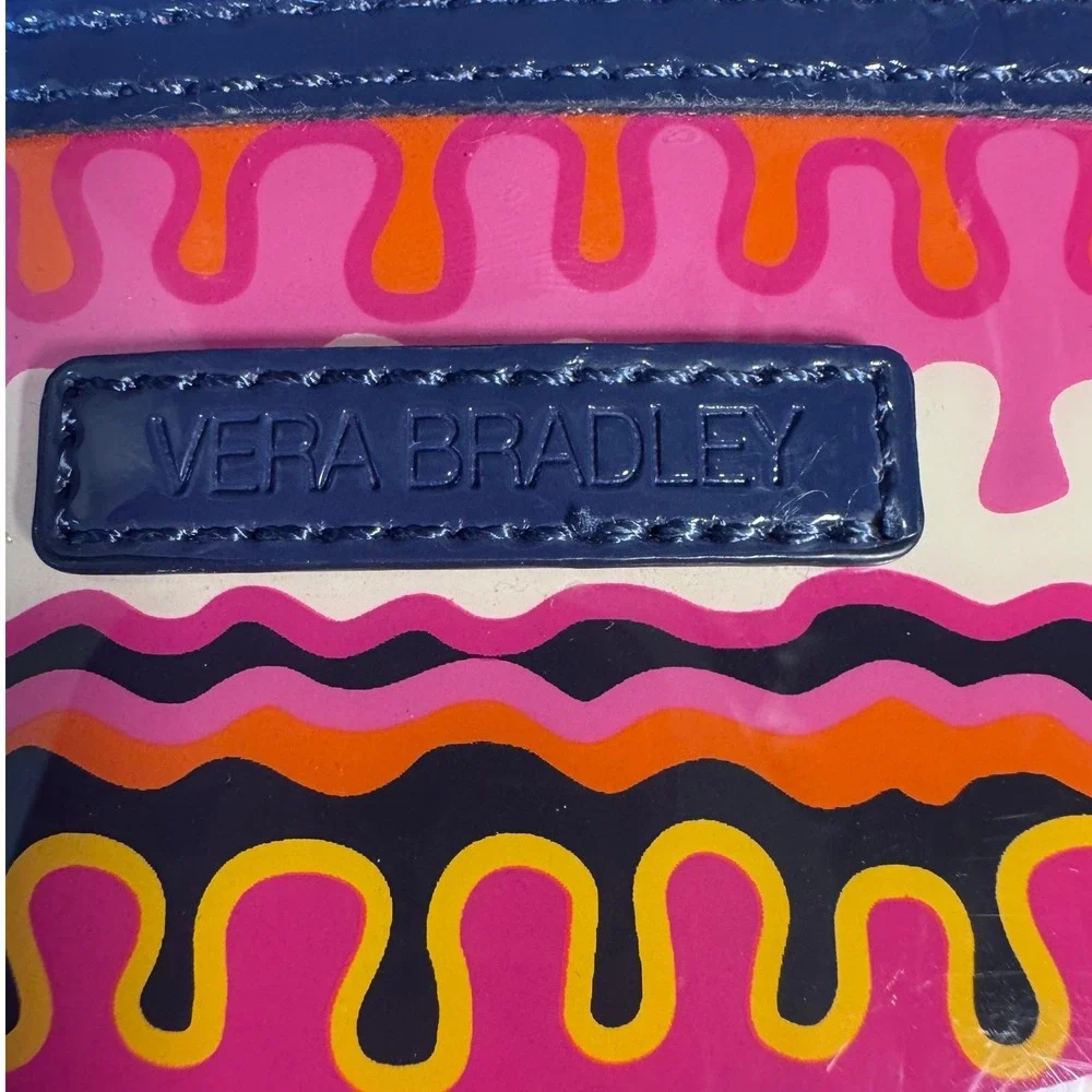 Vera Bradley Cosmetic Bag Pink Orange Blue Wavy Print Clear PVC Travel Pouch